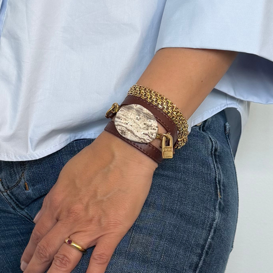Triple Wrap Brown Leather Bracelet with White Agate Stone
