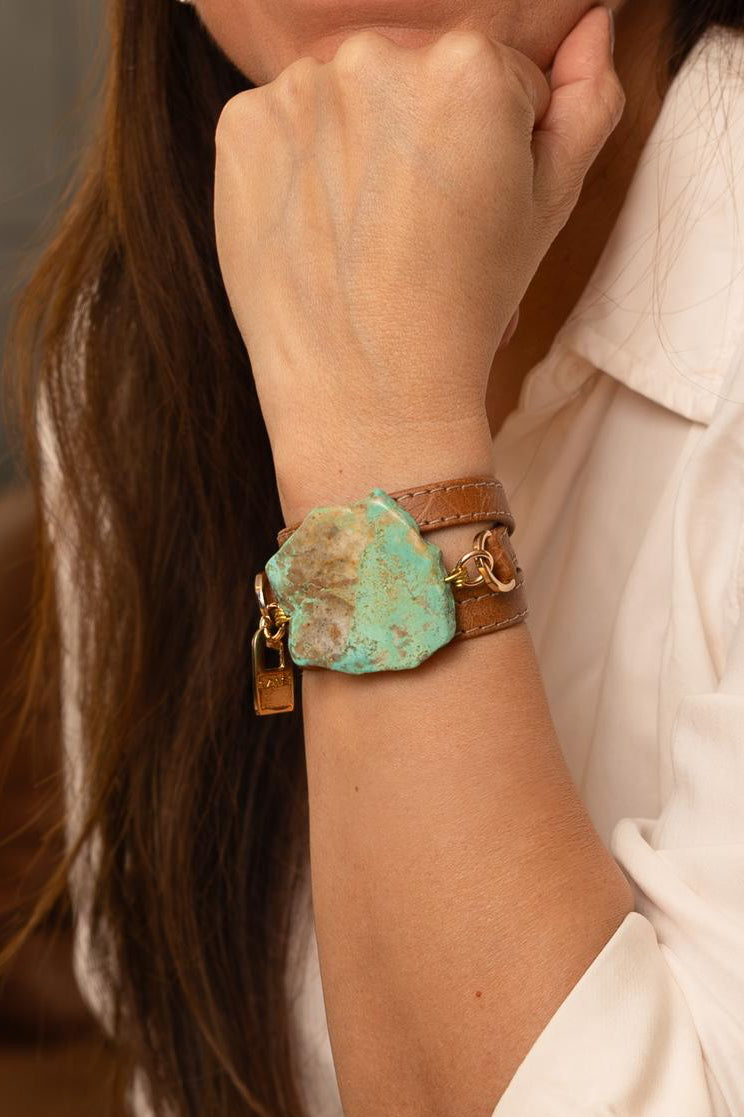 Triple Wrap Camel Leather Bracelet with Green Turquoise - LALEBRACELETS