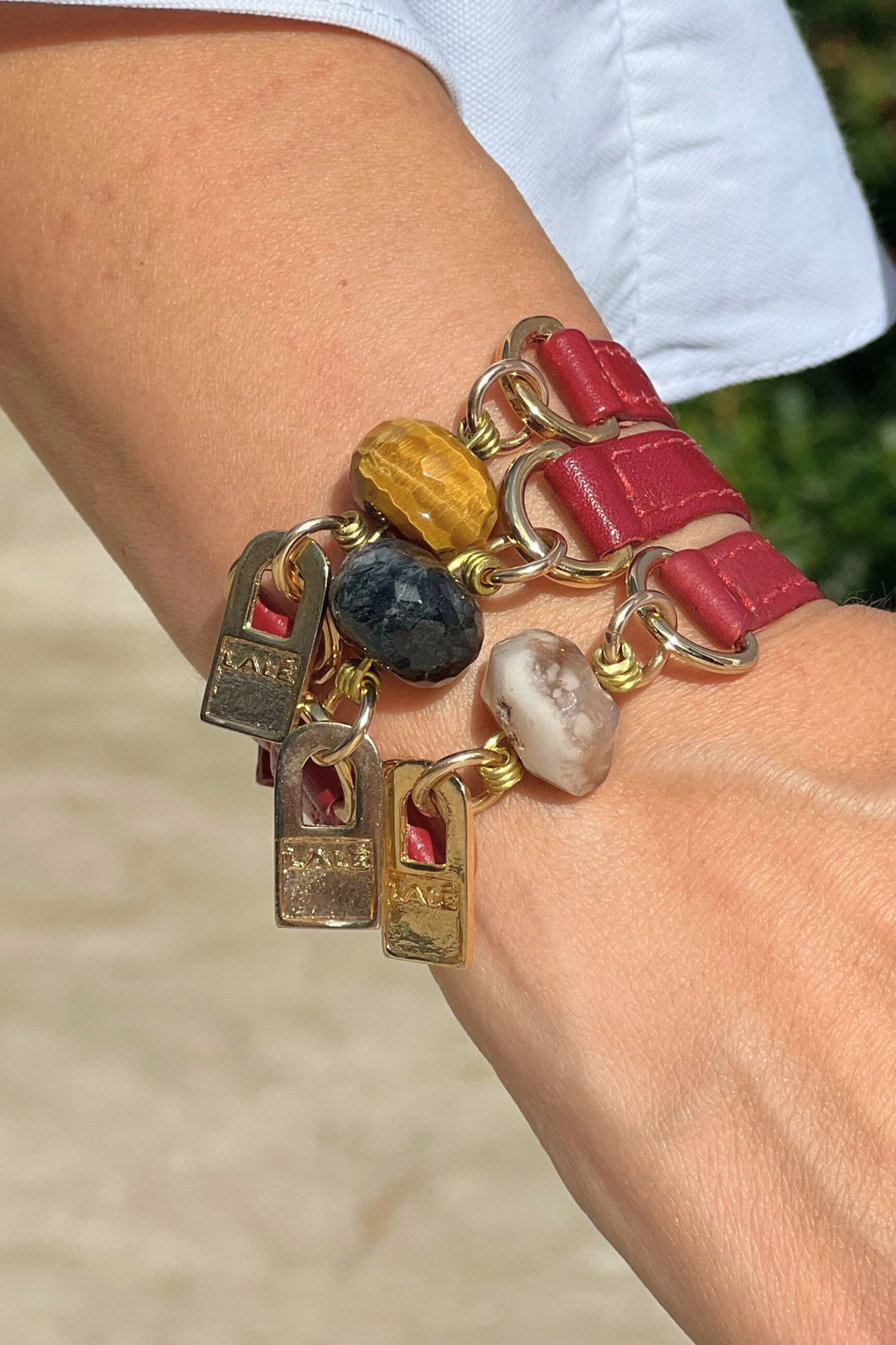 Three Mini Ale Bracelets -  Dark Red Leather and Natural Stones - LALEBRACELETS