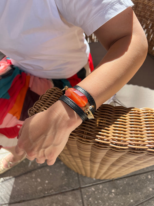 Triple Wrap Black Leather Bracelet with Carnelian