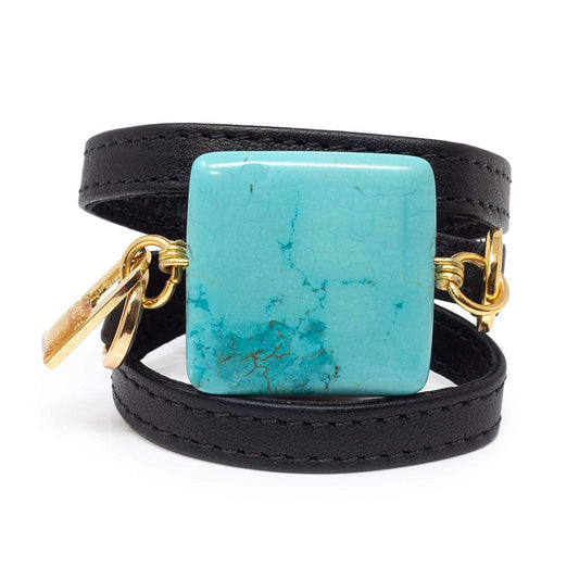 Triple Wrap Square Turquoise — Black Leather - LALEBRACELETS