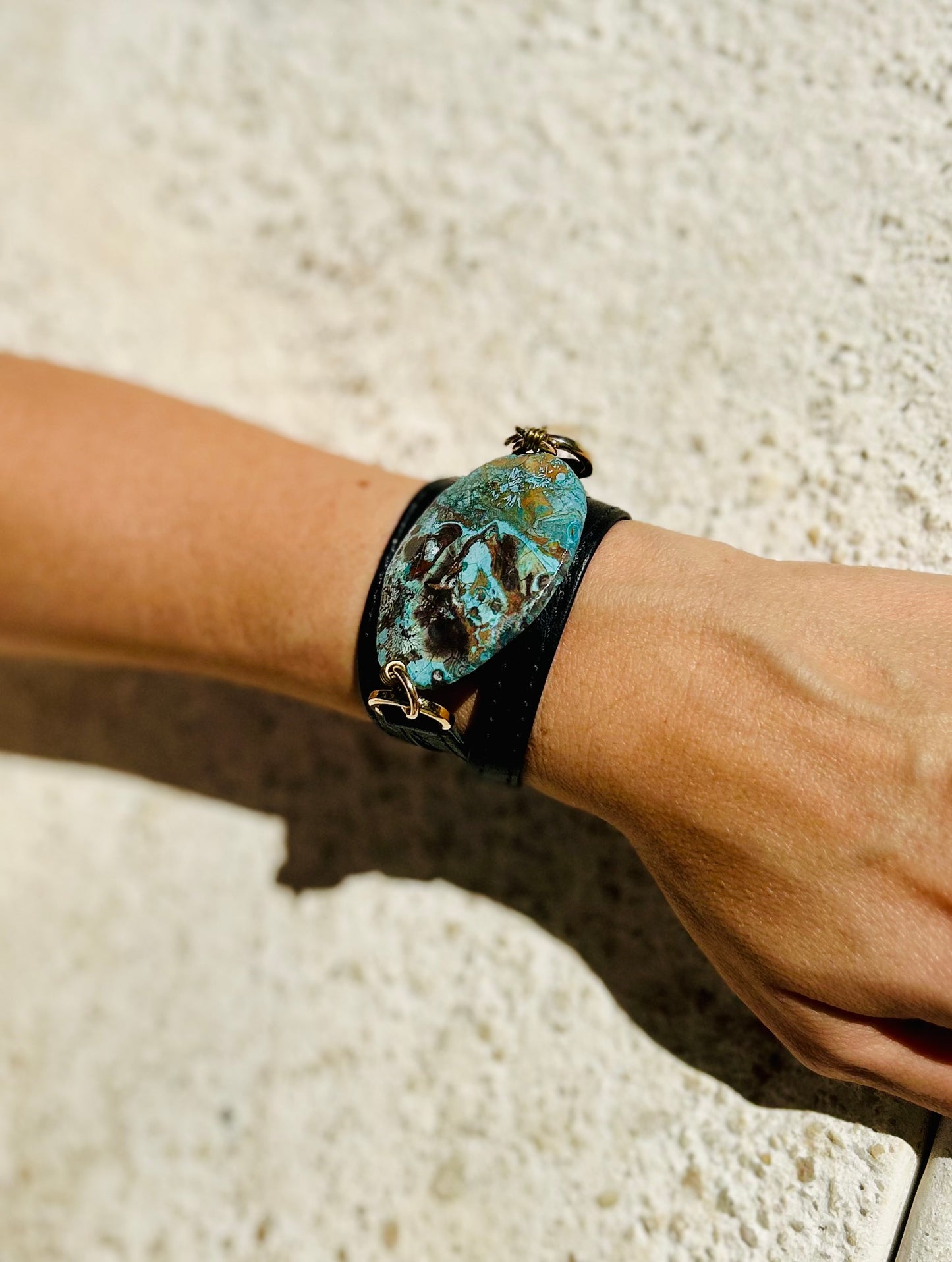 Triple Wrap Black Leather Bracelet with Blue Agathe Stone