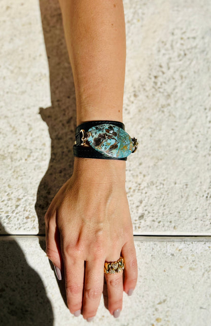 Triple Wrap Black Leather Bracelet with Blue Agathe Stone