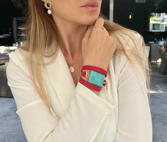 Red Leather Ale Bracelet with Turquoise- Premium Italian Leather with Global Gemstone Accent