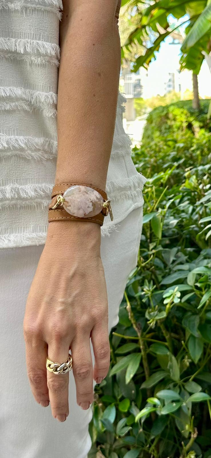 Triple Wrap Camel Leather Bracelet with Agathe Stone - LALEBRACELETS