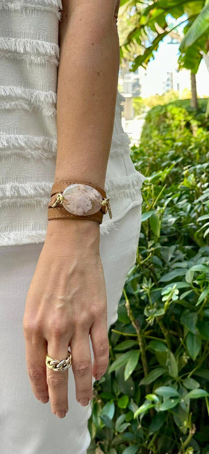 Triple Wrap Camel Leather Bracelet with Agathe Stone - LALEBRACELETS