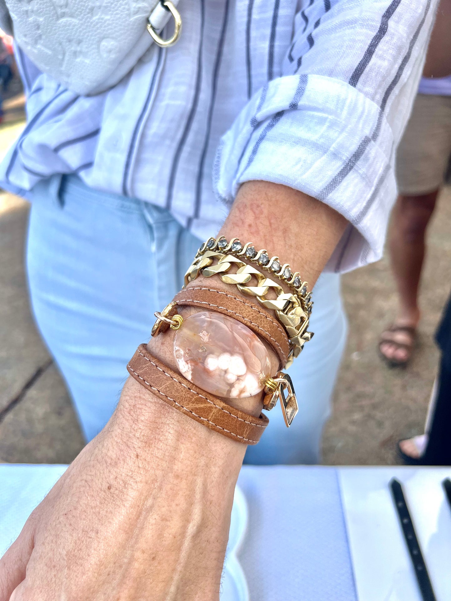 Triple Wrap Camel Leather Bracelet with Agathe Stone - LALEBRACELETS