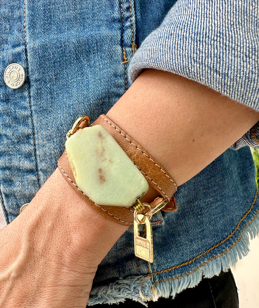 Bohemian Chic: Handcrafted Camel Leather & Stone Wrap Bracelet - LALEBRACELETS