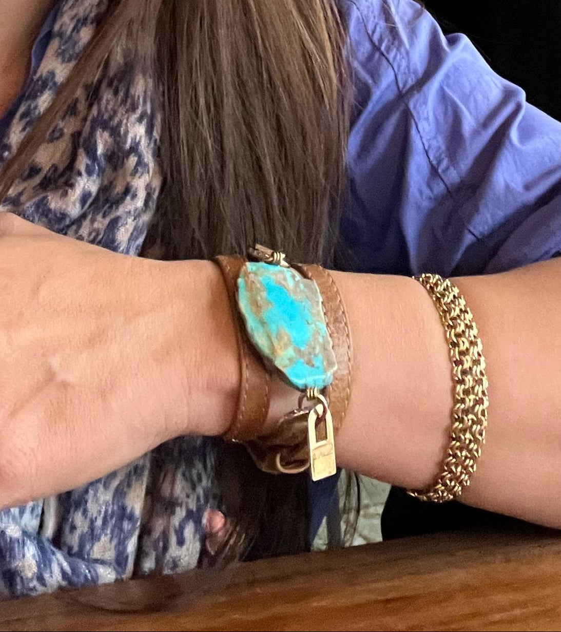 Triple Wrap Camel Leather Bracelet with Blue Turquoise