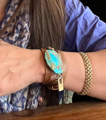 Triple Wrap Camel Leather Bracelet with Blue Turquoise