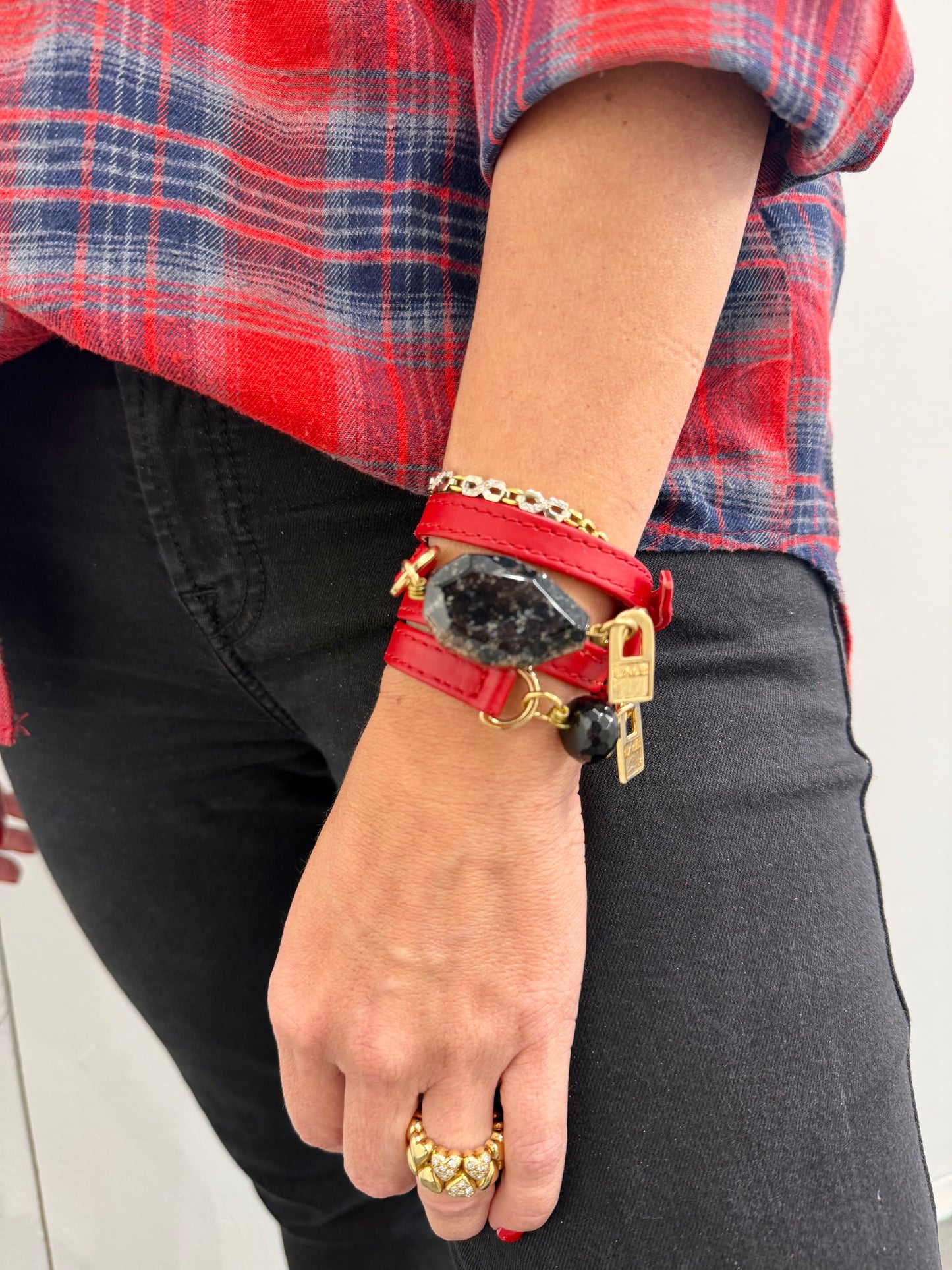 Bundle Bracelet with Red Leather Fossil and Onyx Stones
