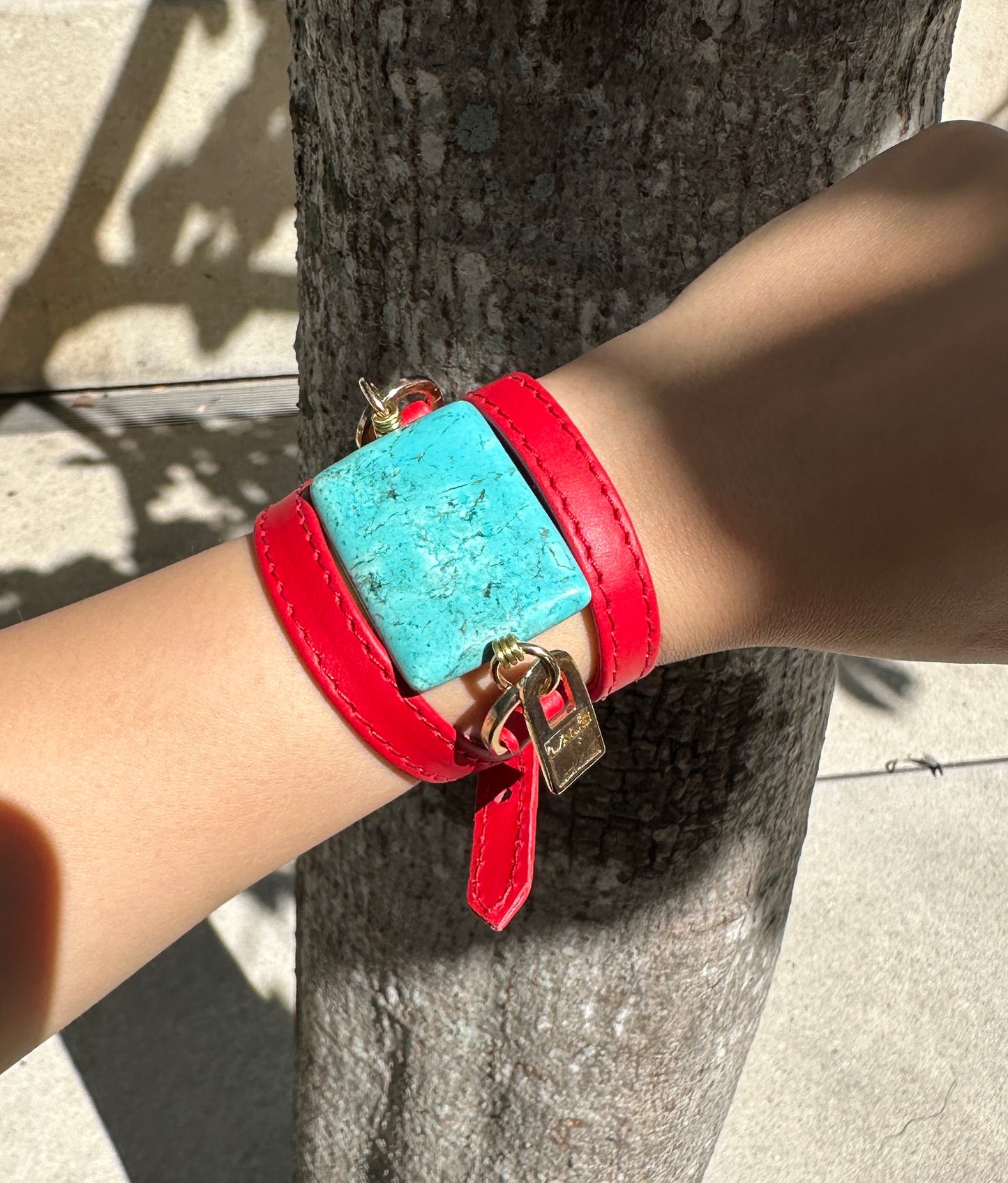 Handcrafted Red Leather Bracelet with Turquoise Stone | Unique Gift Idea - LALEBRACELETS