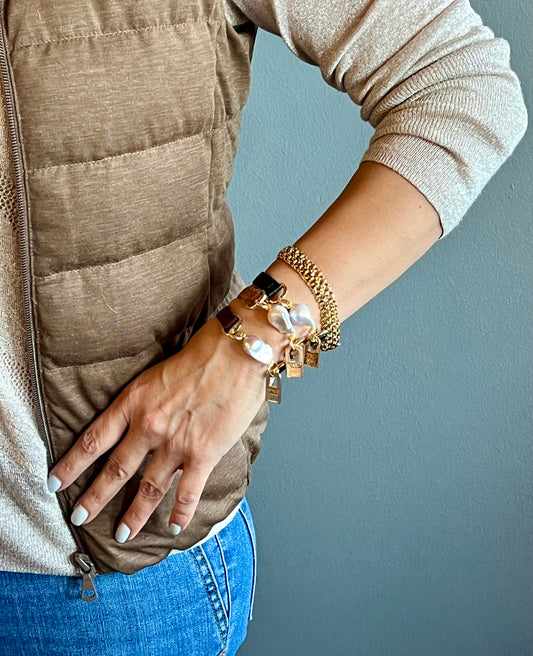 Bundle Bracelet with Camel Leather and Pearls