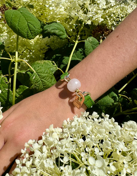 Single Wrap Green Leather Bracelet with Pink Quartz Stone - LALEBRACELETS