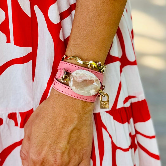 Signature triple wrap bracelet in pink leather color with white agate stone, handmade in Italian leather with gold-plated detail.
