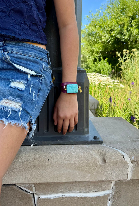 Triple Wrap Purple Leather Bracelet with Turquoise - LALEBRACELETS