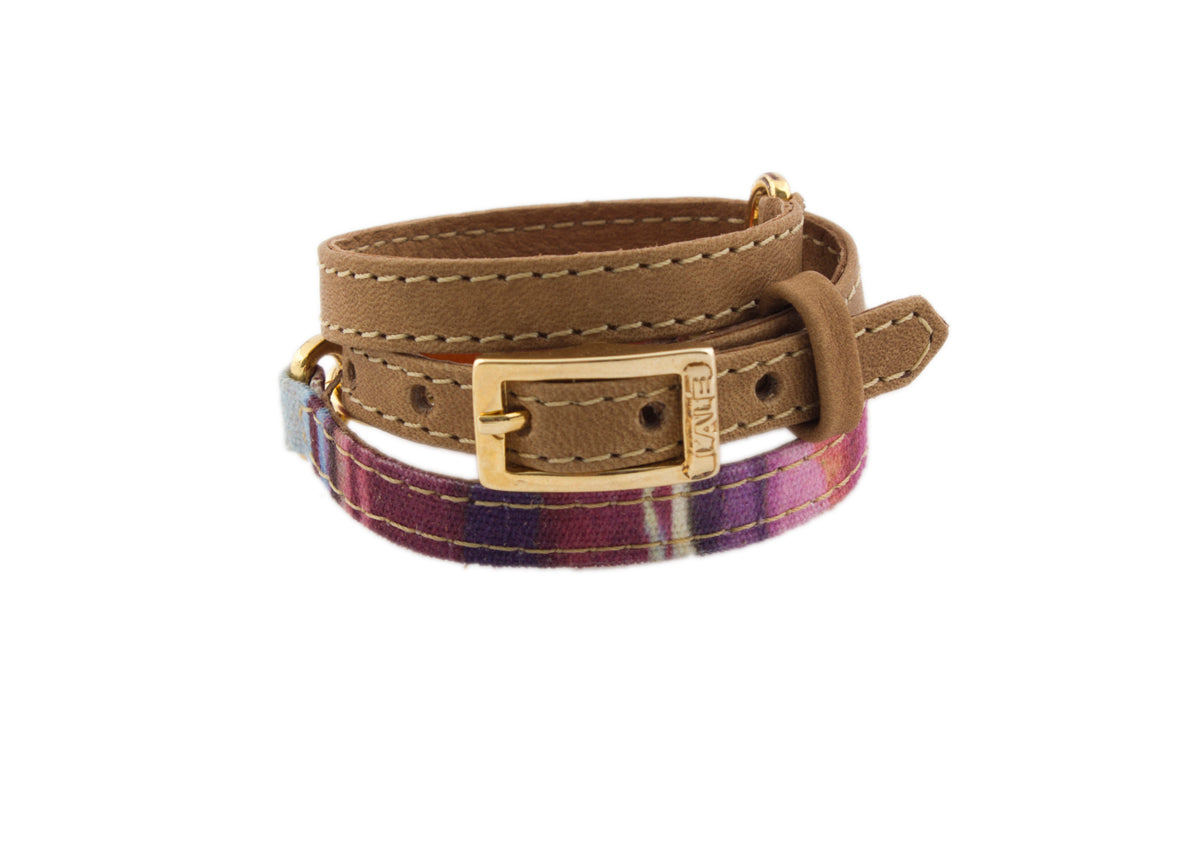 Triple Wrap Camel Leather and Magenta Fabric Bracelet with Orange Jasper Stone