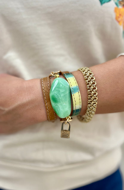 Triple Wrap Camel Leather and Green Fabric Bracelet with Amazonite Stone