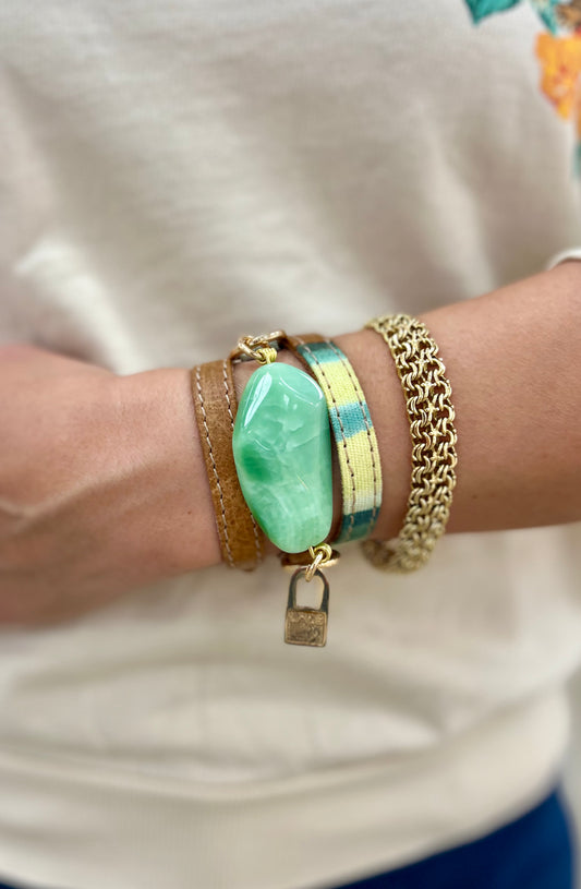 Triple Wrap Camel Leather and Green Fabric Bracelet with Amazonite Stone