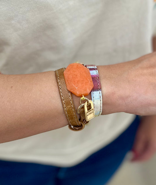 Triple Wrap Camel Leather and Magenta Fabric Bracelet with Orange Jasper Stone