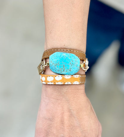 Triple Wrap Camel Leather and Orange Fabric Bracelet with Turquoise Stone