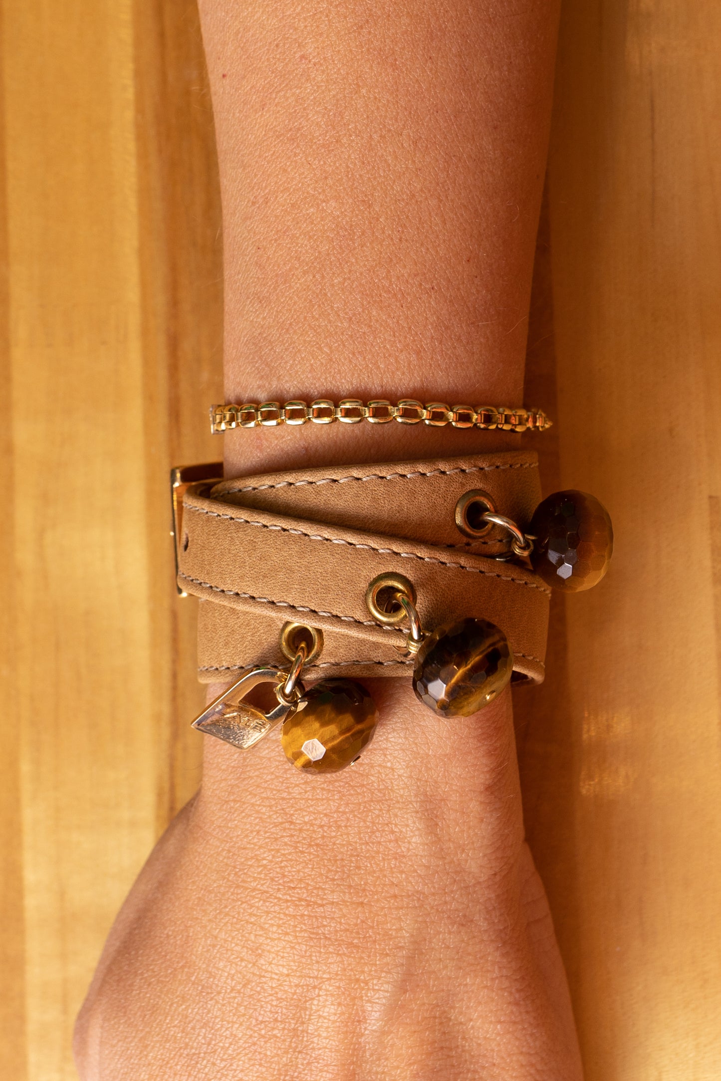 3V Triple Wrap Camel Leather Bracelet with Tiger Eye Stone