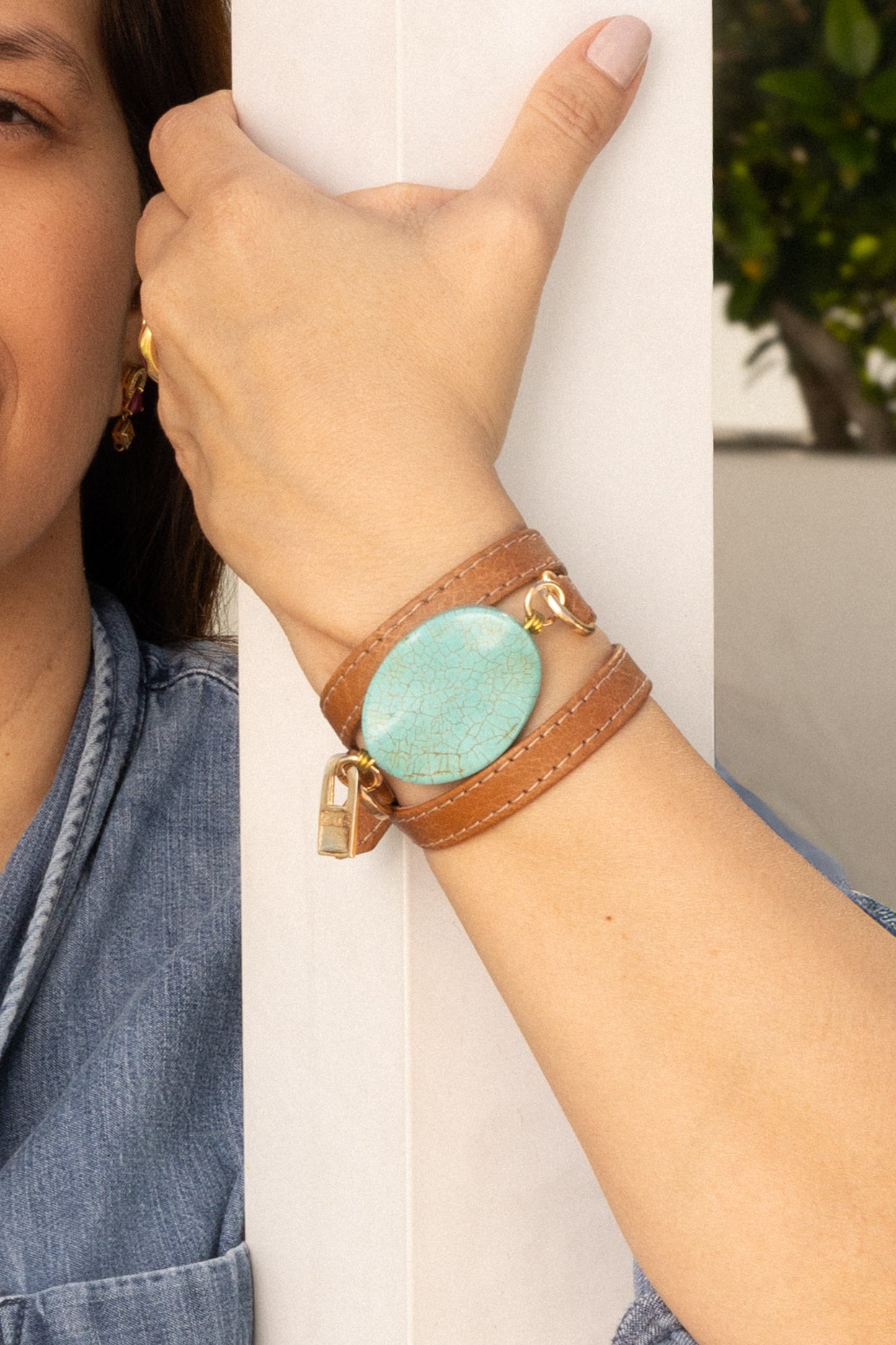 Triple Wrap Camel Leather Bracelet with Turquoise Stone