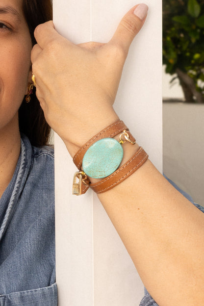 Triple Wrap Camel Leather Bracelet with Turquoise Stone