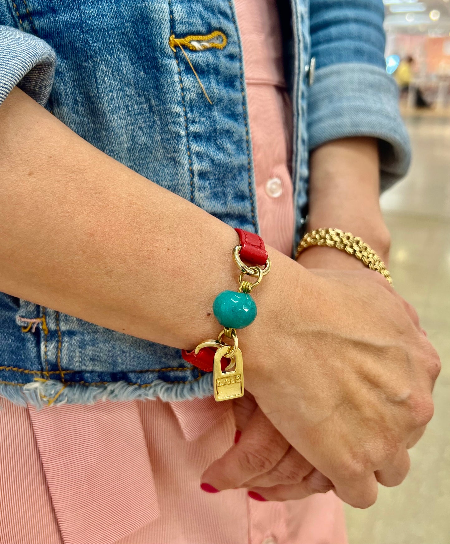 Single Wrap Red Leather Bracelet with Green Turquoise Stone