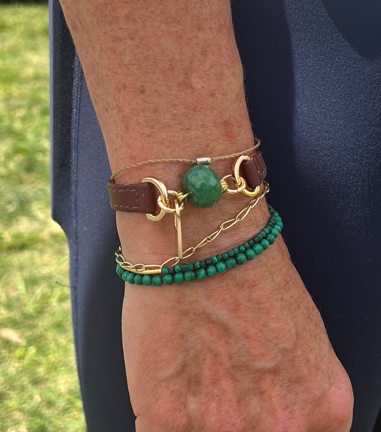 Single Wrap Brown Leather Bracelet with Green Jasper Stone