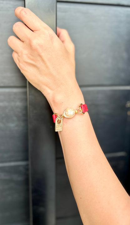 Signature Single Wrap Red Leather Bracelet with Baroque Pearl 