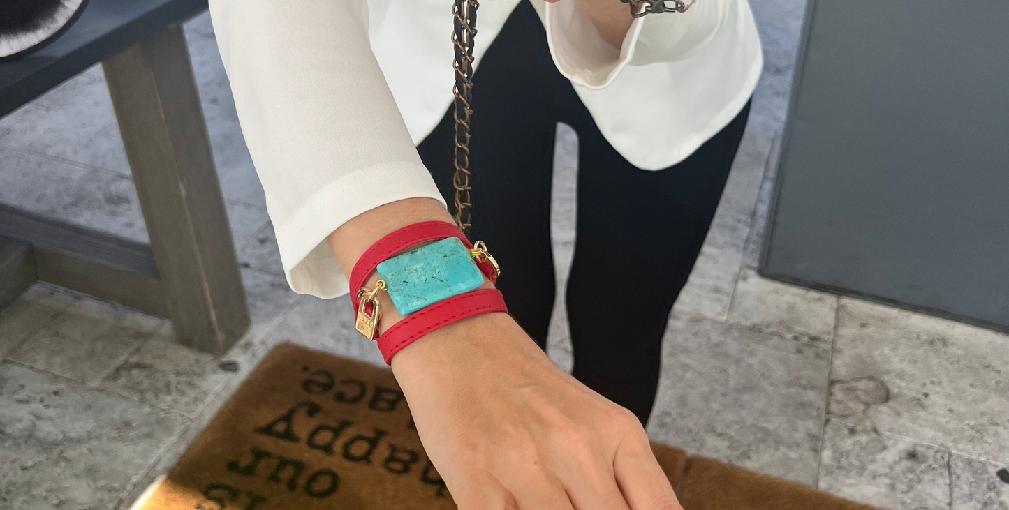 Triple Wrap Turquoise — Red Leather - LALEBRACELETS