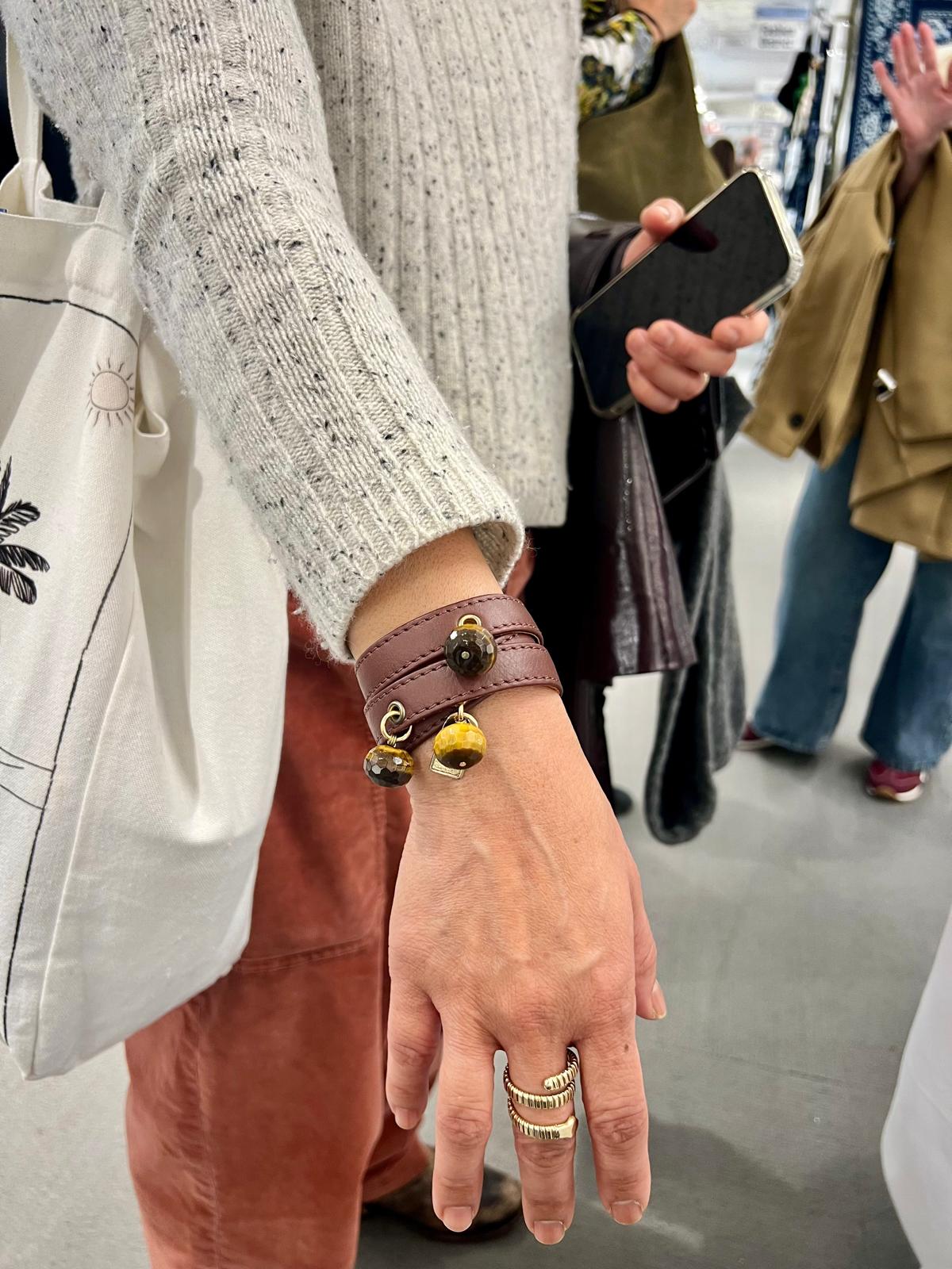 3V Triple Wrap Brown Leather Bracelet with Tiger Eye Stone