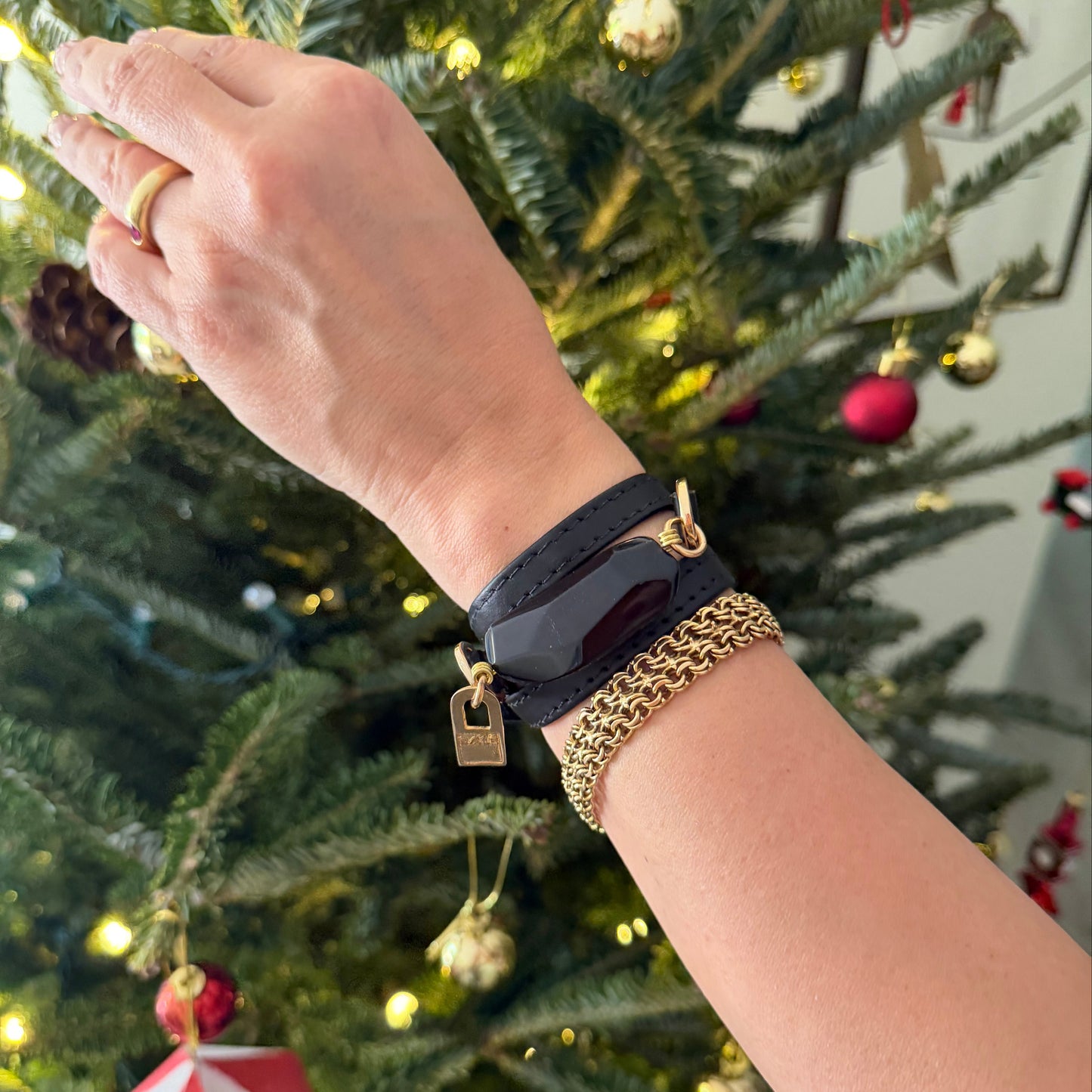 Triple Wrap Black Leather Bracelet with Onyx Stone