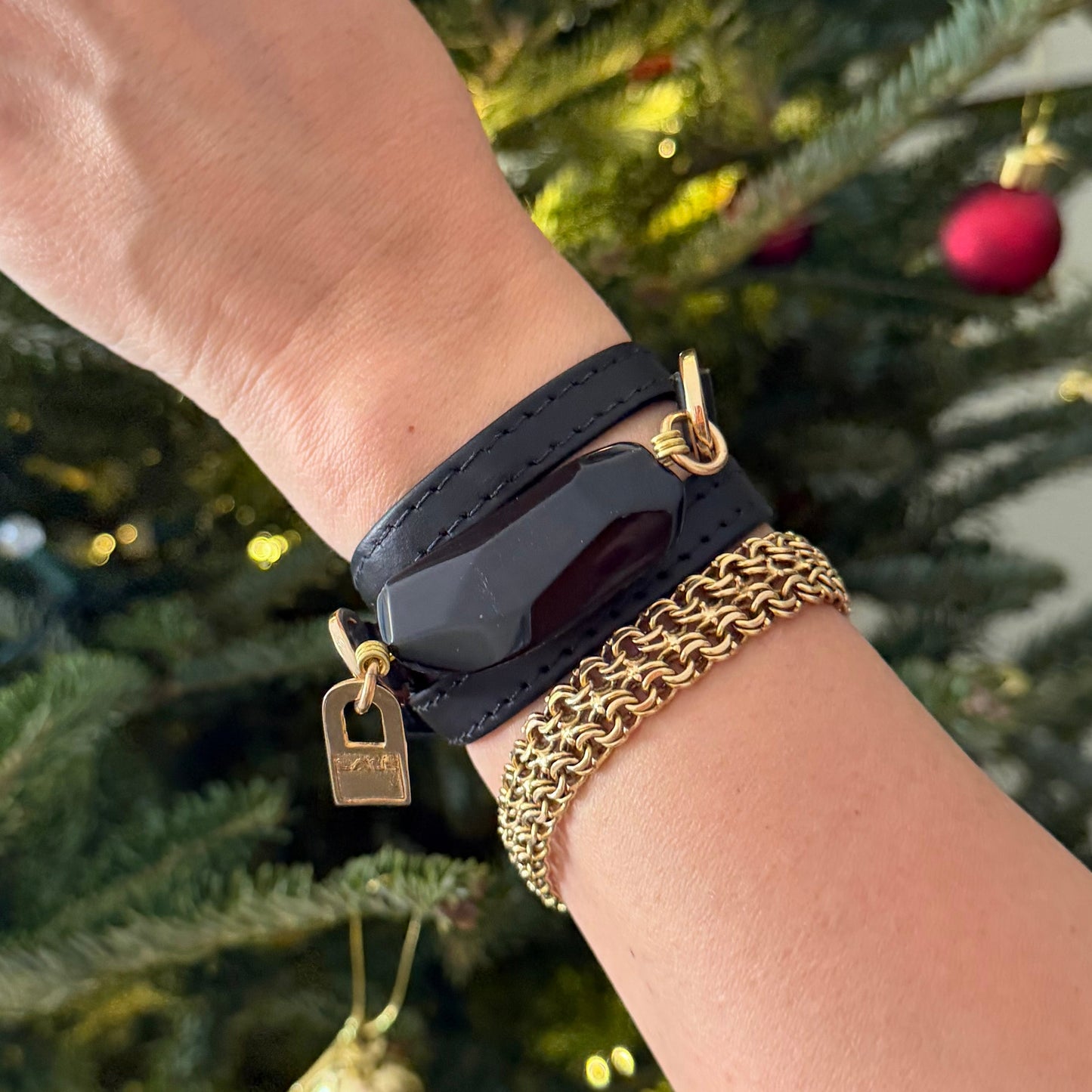 Triple Wrap Black Leather Bracelet with Onyx Stone