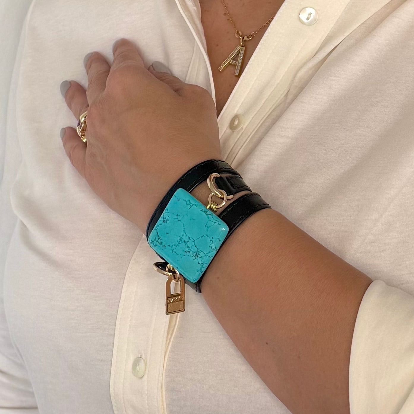 Triple Wrap Square Turquoise — Black Leather - LALEBRACELETS