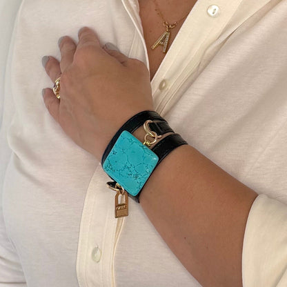 Triple Wrap Square Turquoise — Black Leather - LALEBRACELETS