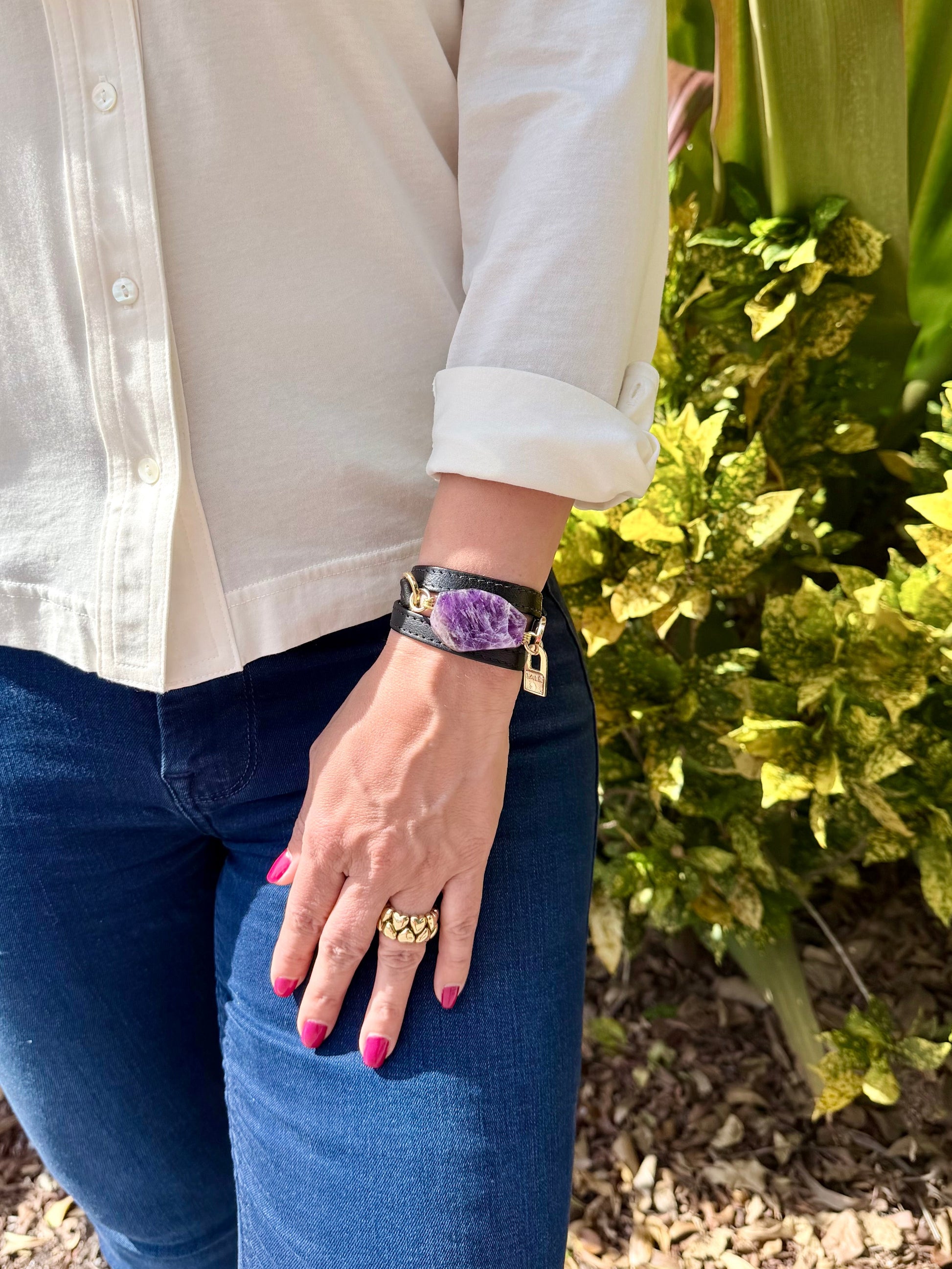 Signature Triple Wrap Black Leather Bracelet with Amethyst
