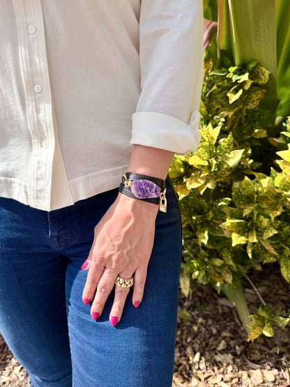 Signature Triple Wrap Black Leather Bracelet with Amethyst