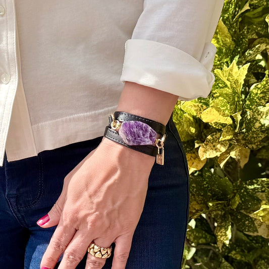 Signature Triple Wrap Black Leather Bracelet with Amethyst