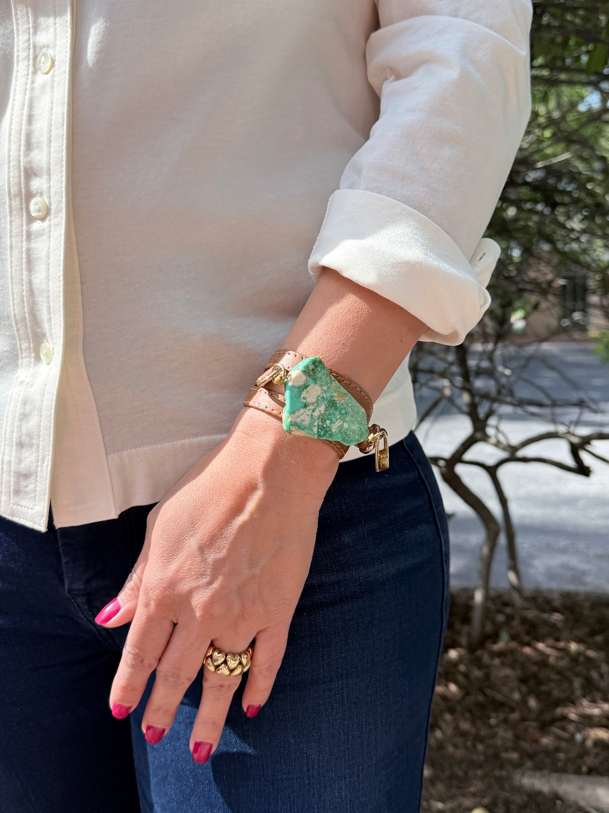 Triple Wrap Camel Leather Bracelet with Green Turquoise - LALEBRACELETS