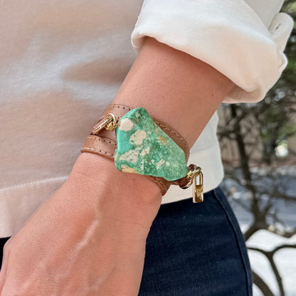 Triple Wrap Camel Leather Bracelet with Green Turquoise - LALEBRACELETS