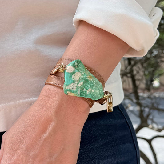 Triple Wrap Camel Leather Bracelet with Green Turquoise - LALEBRACELETS