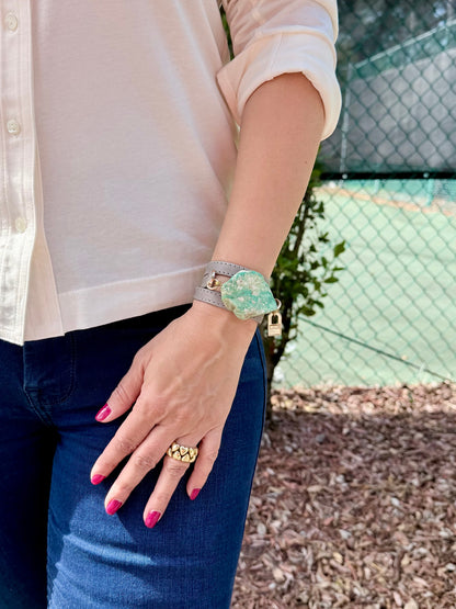 Triple Wrap Gray Leather Bracelet with Green Turquoise