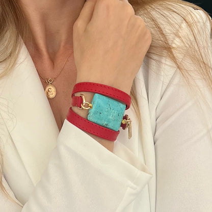 Triple Wrap Red Leather Bracelet with Turquoise Stone