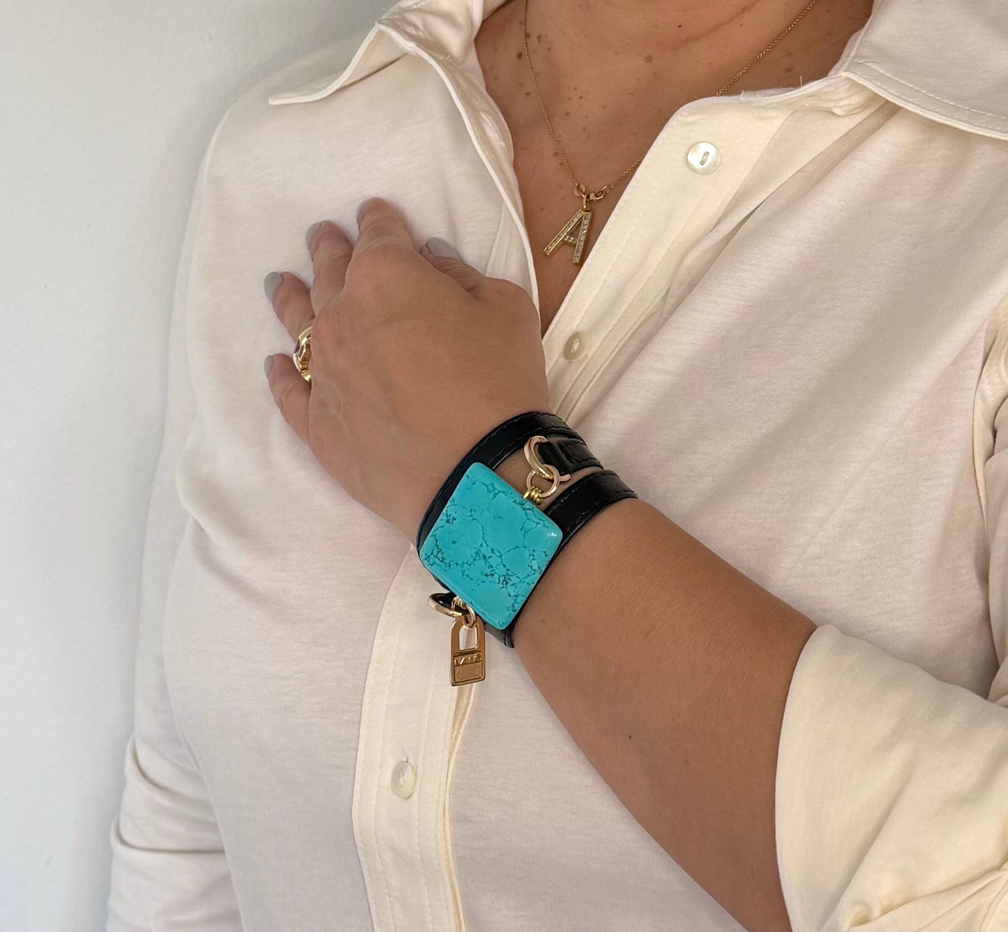 Triple Wrap Square Turquoise — Black Leather - LALEBRACELETS