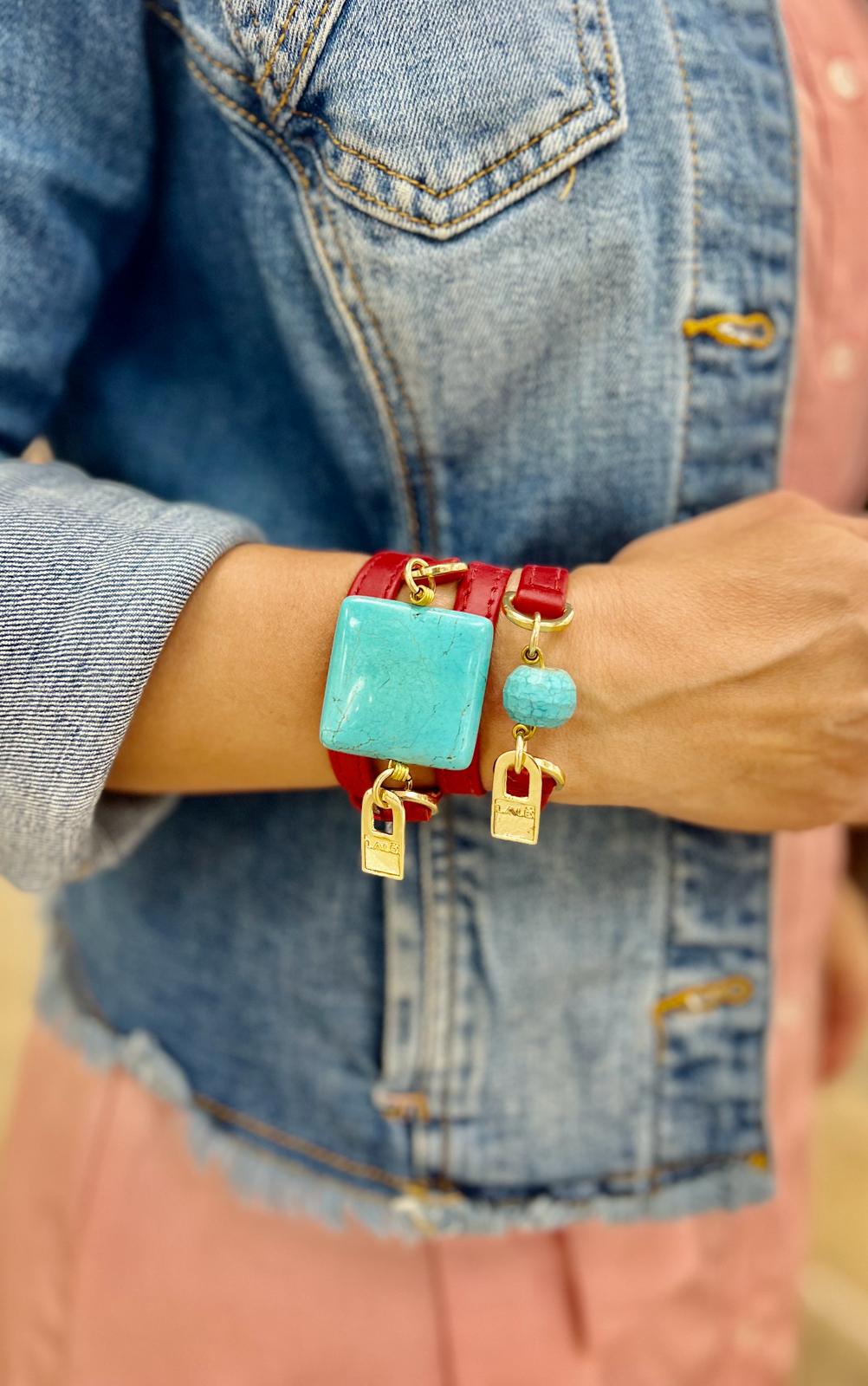 Handcrafted Red Leather Bracelet with Turquoise Stone | Unique Gift Idea - LALEBRACELETS