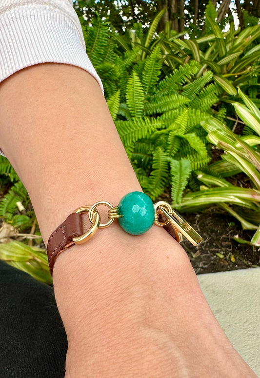 Single Wrap Brown Leather Bracelet with Green Turquoise Stone