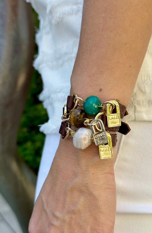 Bundle Bracelet with Brown Leather, Green Turquoise, Tiger Eye and White Agathe Stones