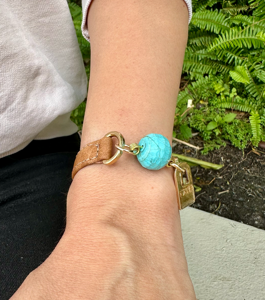 Single Wrap Camel Leather Bracelet with Turquoise Stone